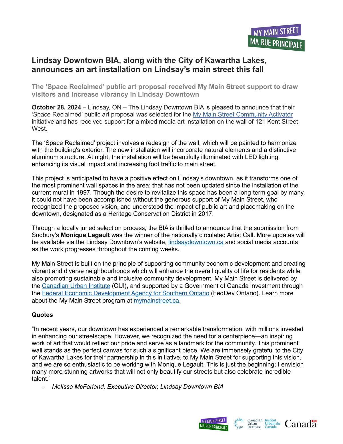 News Release - 'Space Reclaimed' public art proposal received My Main Street support hero